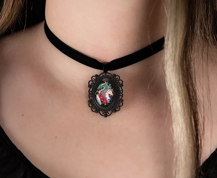 Fantasy Dragon and Unicorn Choker: Victorian Mourning Jewelry with Original Hand-Painted Artwork