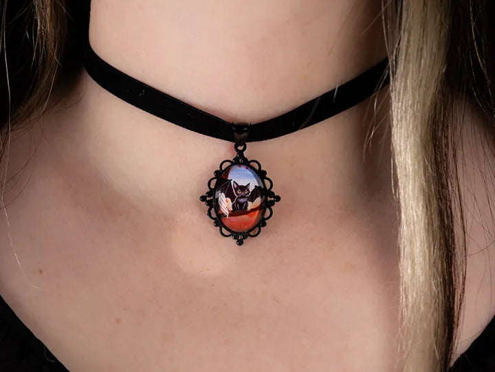 Black Cat Bat Choker: Victorian Mourning Jewelry with Original Hand-Painted Artwork