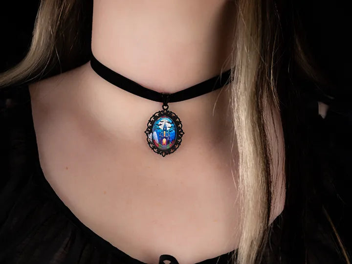 Gothic Stained Glass Choker: Victorian Mourning Jewelry with Original Hand-Painted Artwork