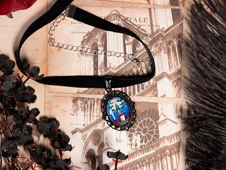 Gothic Stained Glass Choker: Victorian Mourning Jewelry with Original Hand-Painted Artwork