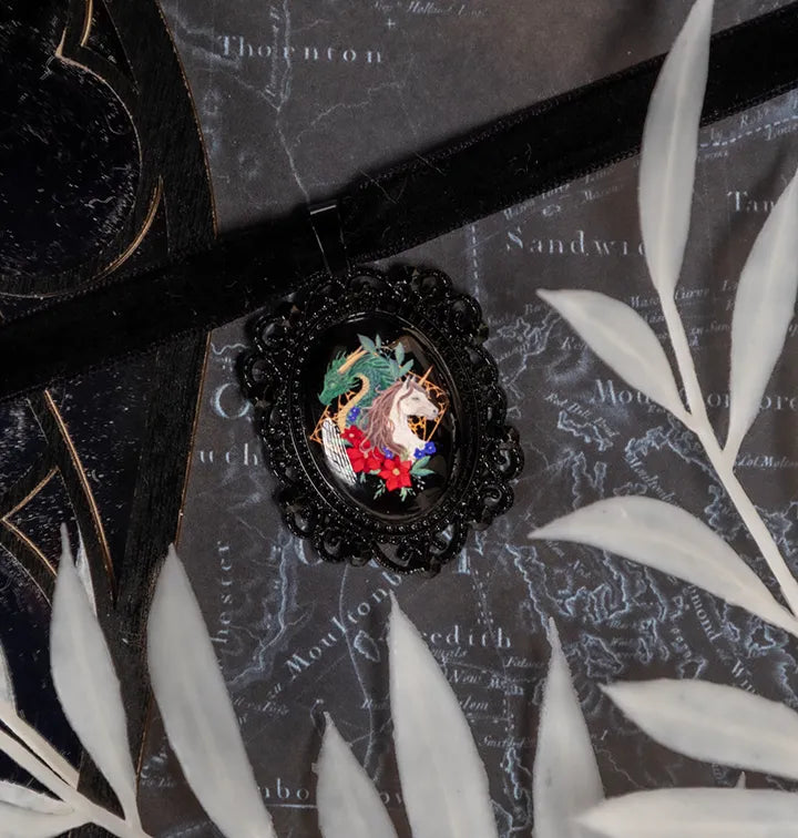 Fantasy Dragon and Unicorn Choker: Victorian Mourning Jewelry with Original Hand-Painted Artwork
