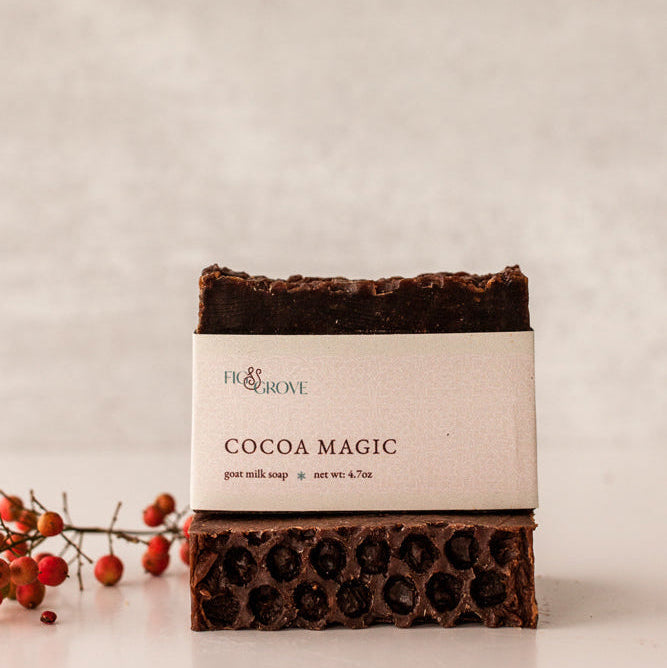 Close-up of Cocoa Magic soap with coffee tones – Fig & Grove