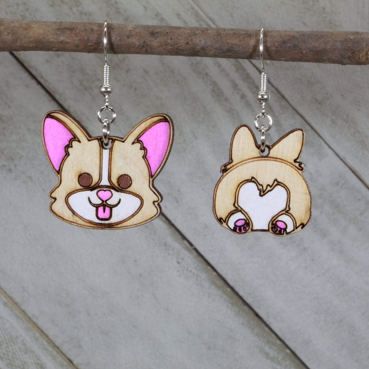 Hand-painted wooden corgi butt dangle earrings with funny dog lover design and hypoallergenic sterling silver hooks, lightweight corgi statement jewelry earrings for pet lovers and playful humor style