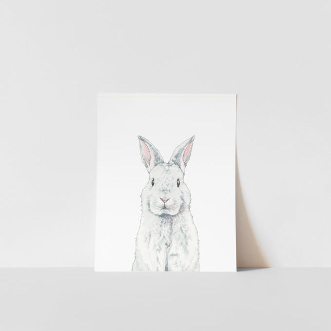 A white and gray art print of a stylized bunny drawing, positioned against a white background.