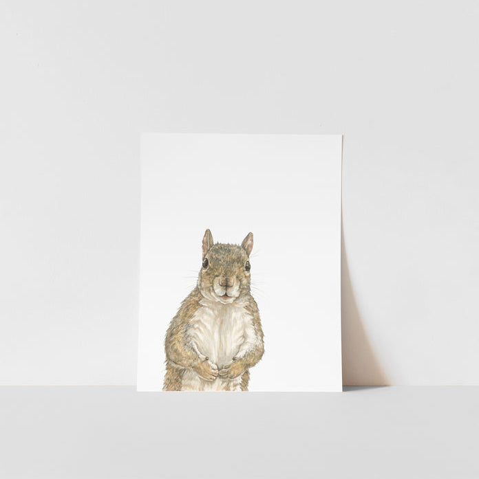 A printed artwork of a squirrel on a white background, presented against a white background.