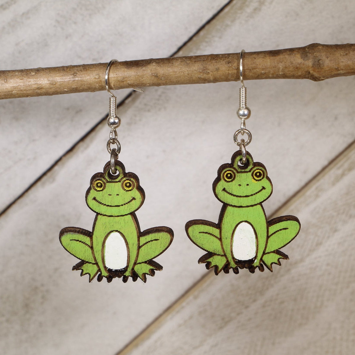 Hand-painted cute frog wooden dangle earrings with playful cartoon design, lightweight hypoallergenic animal jewelry for nature lovers, frog collectors, and fun quirky style