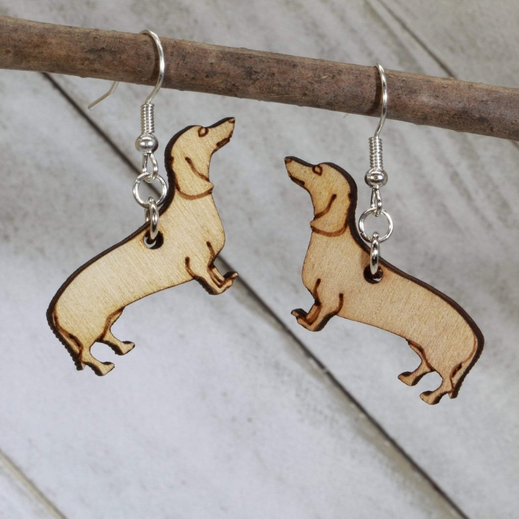 Hand-painted wooden dachshund dangle earrings with cute wiener dog design and hypoallergenic sterling silver hooks, playful dog lover statement jewelry earrings for dachshund fans