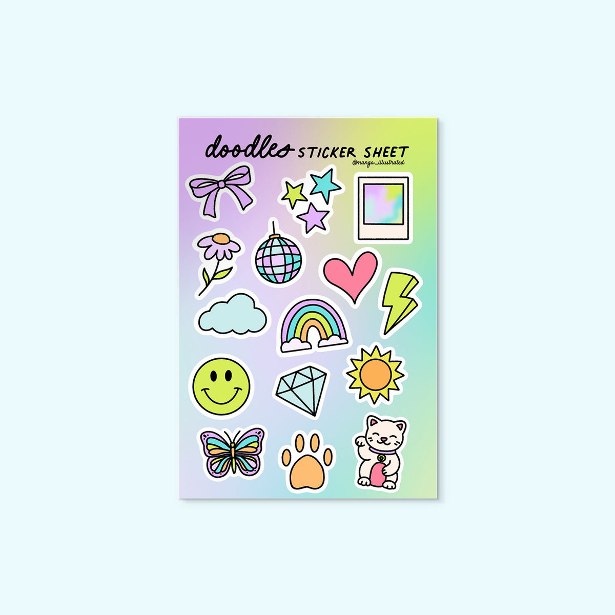 Doodles Sticker Sheet flat lay — colorful illustrated doodle sticker sheet by indie artist MangoIllustrated