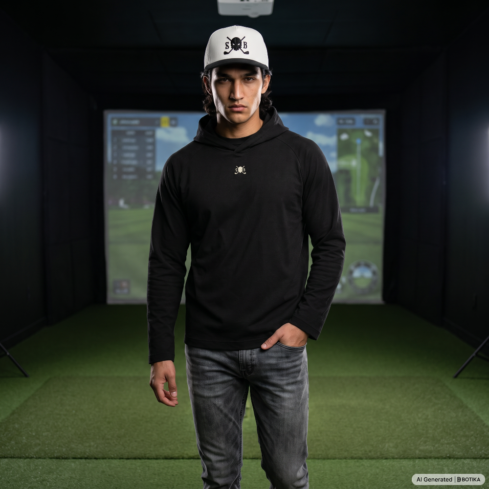 A man wearing a black long-sleeve hoodie with a small gold chest logo, gray jeans, and a white baseball cap stands in an indoor golf simulator. The background shows a large screen displaying a golf course.
