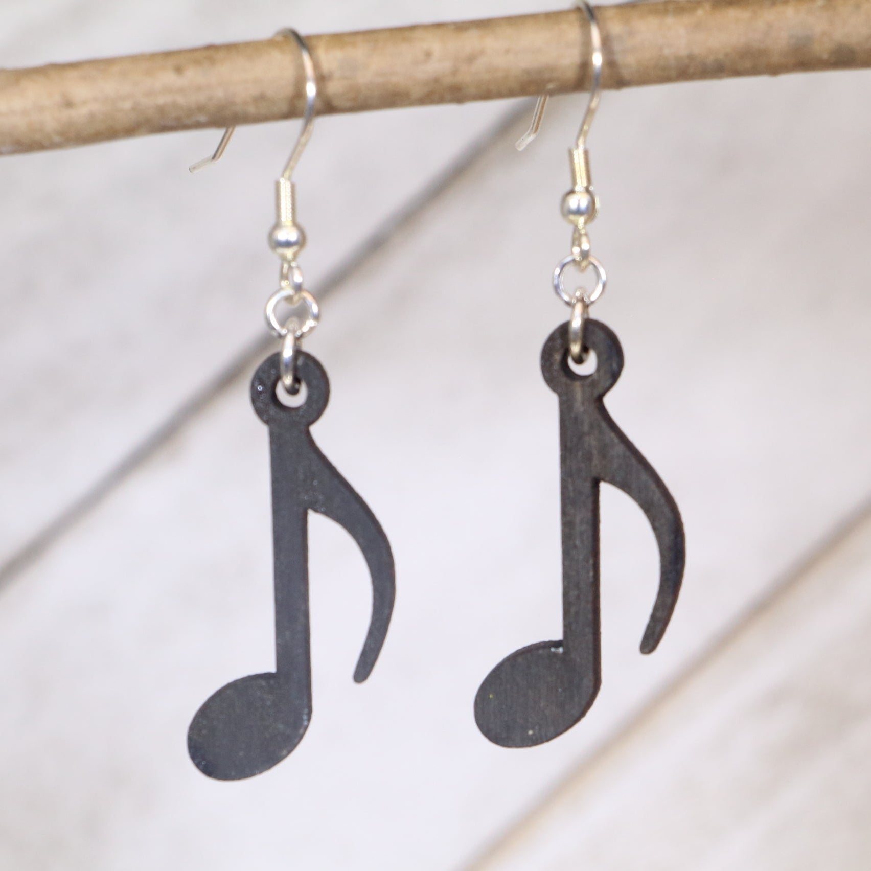 Hand-painted wooden eighth note dangle earrings with minimalist music symbol design and hypoallergenic sterling silver hooks, lightweight musical jewelry for musicians and music lovers