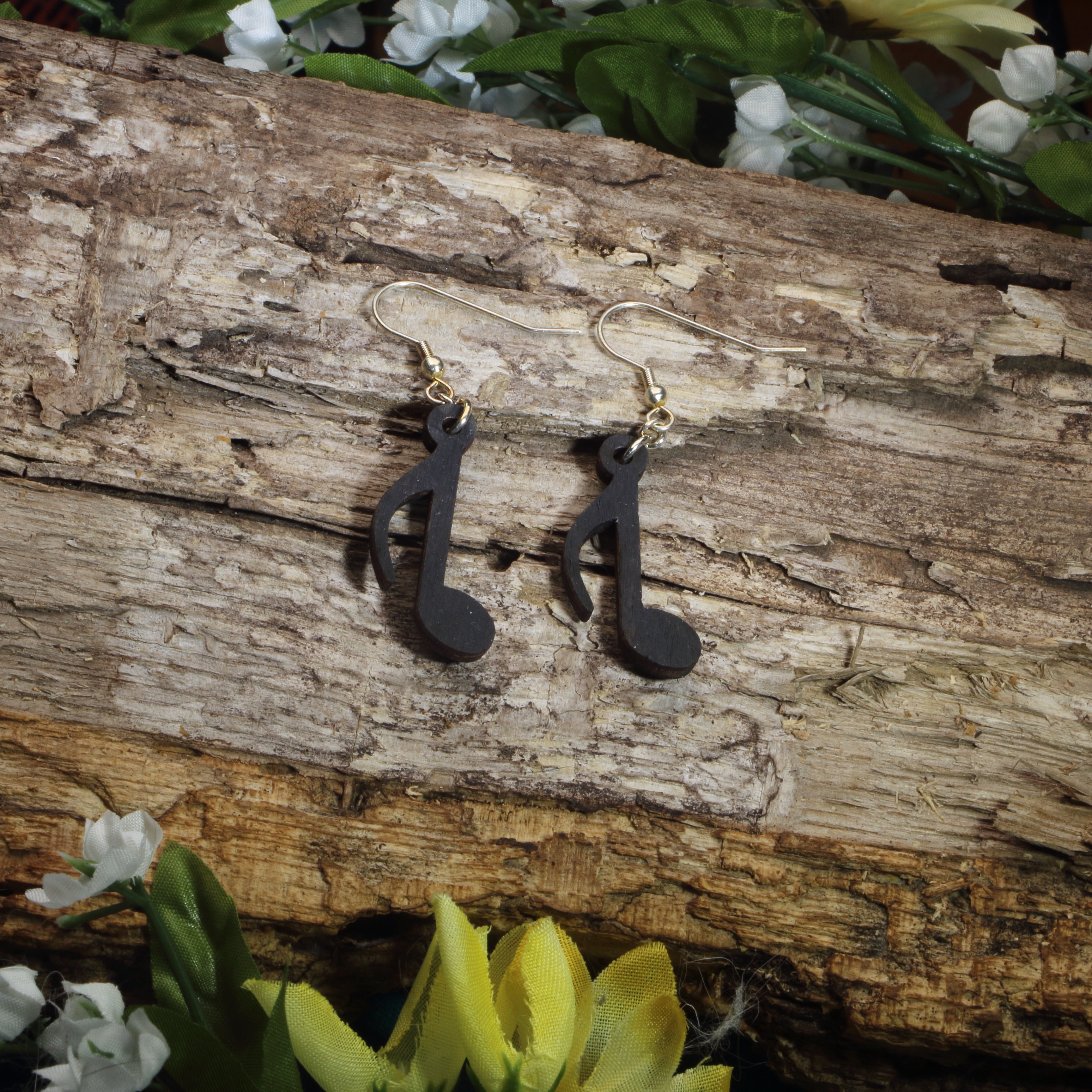 Hand-painted wooden eighth note dangle earrings with classic music note design and hypoallergenic sterling silver hooks, lightweight musician jewelry for music lovers, choir members, band students, and music teachers by Cate’s Concepts.