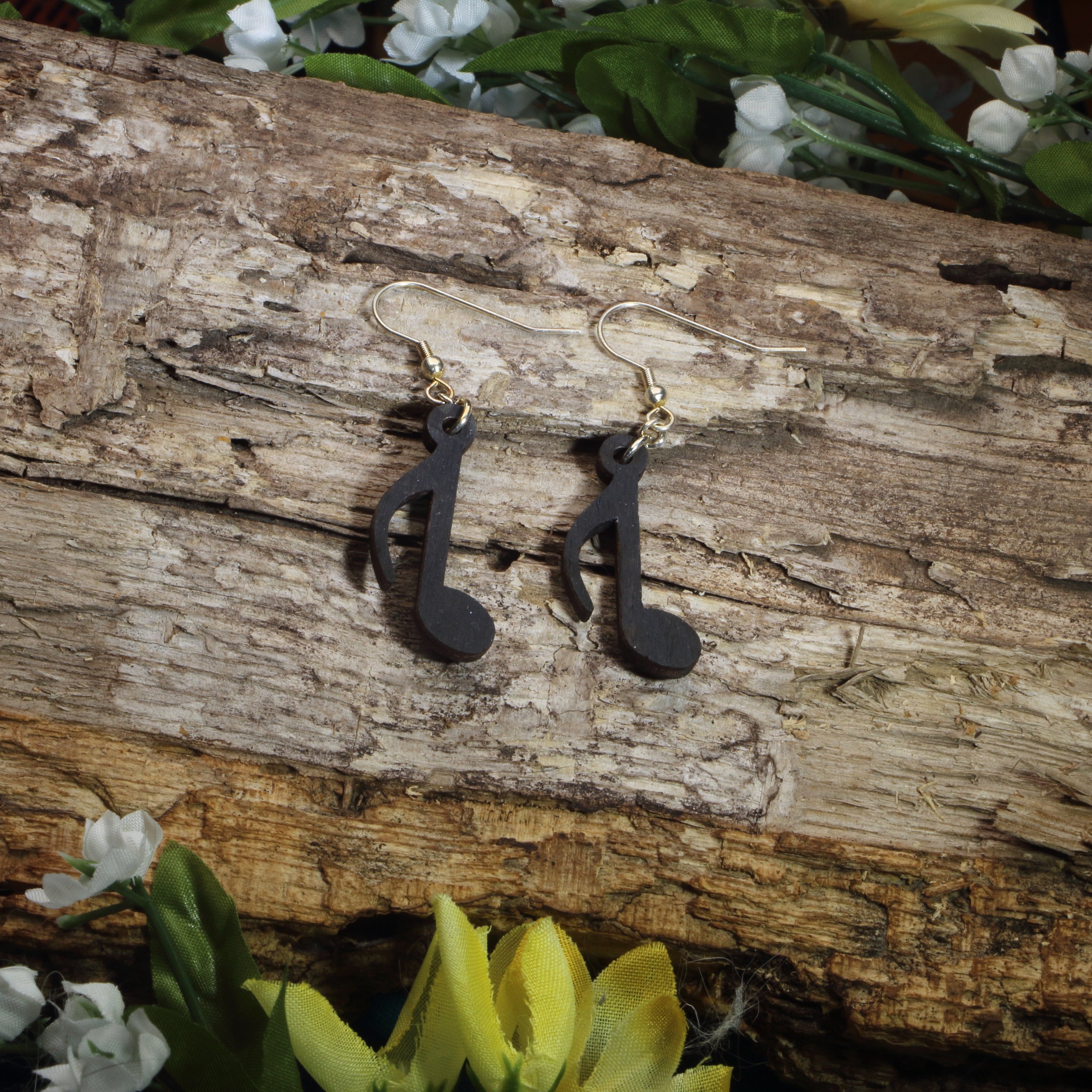 Hand-painted wooden eighth note dangle earrings with classic music note design and hypoallergenic sterling silver hooks, lightweight musician jewelry for music lovers, choir members, band students, and music teachers by Cate’s Concepts.
