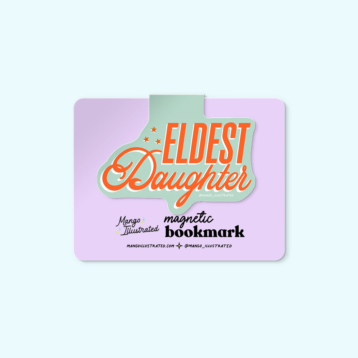 Eldest Daughter magnetic bookmark detail — hand lettered page marker on a book by indie artist MangoIllustrated