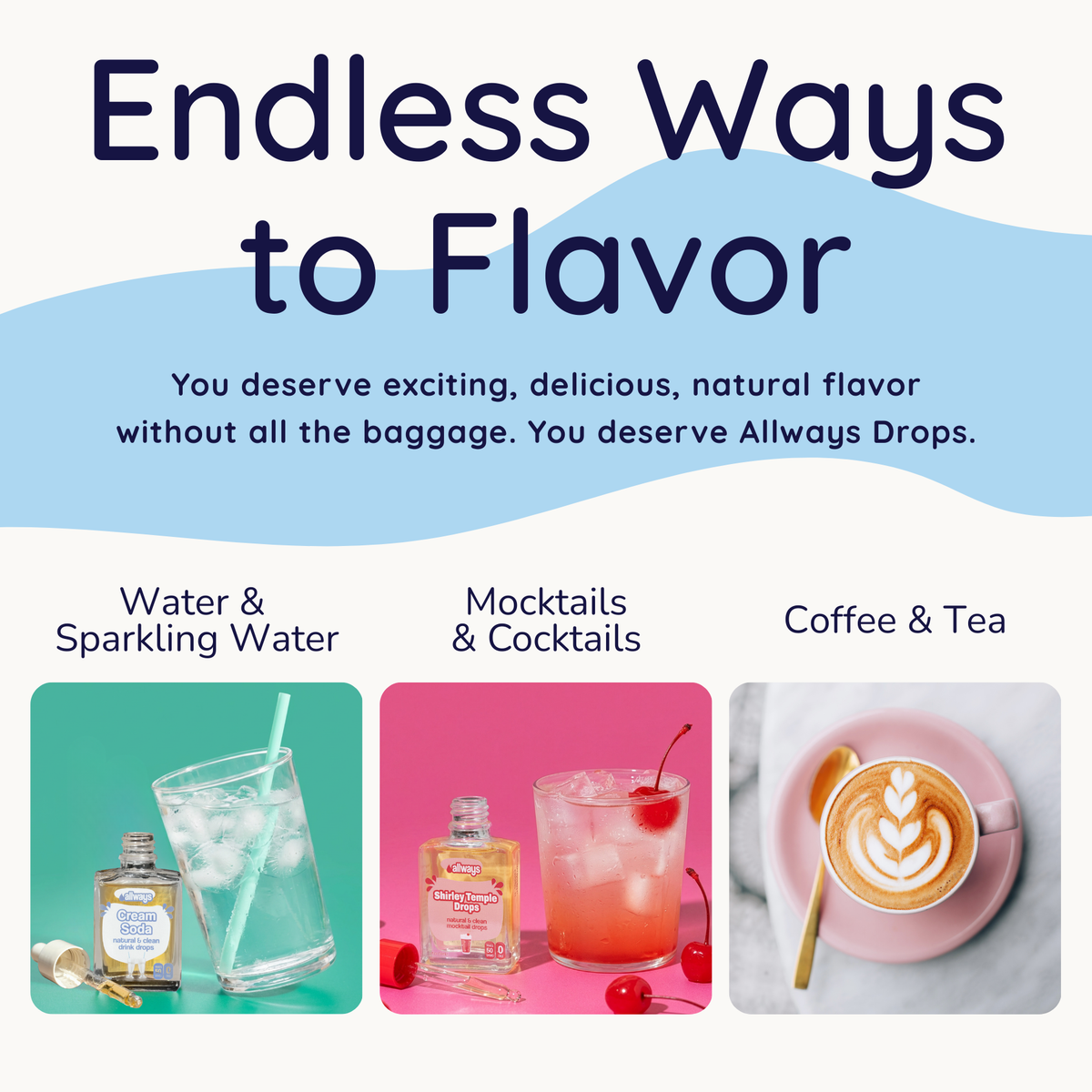 Advertisement for Allways Drops with images of drinks and text about flavor options.