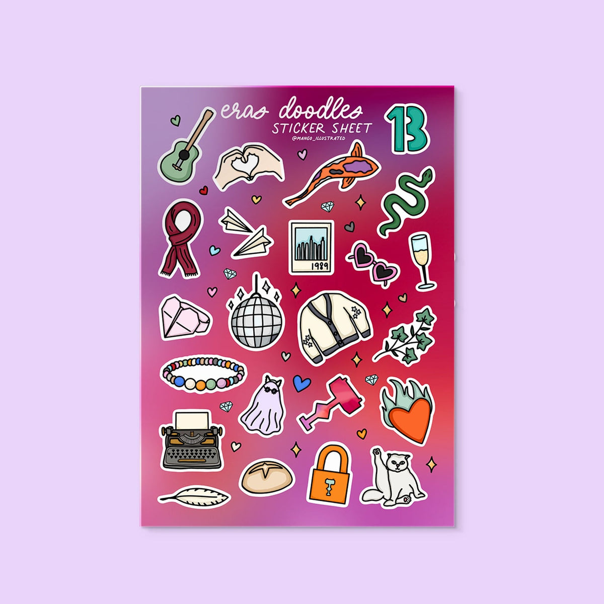 Eras Doodles sticker sheet flat lay — music era illustrated sticker pack by MangoIllustrated