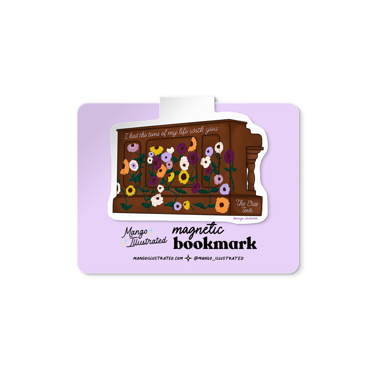 Eras Acoustic Piano magnetic bookmark — illustrated floral grand piano on a backing card, 2.5 x 2 in, by MangoIllustrated