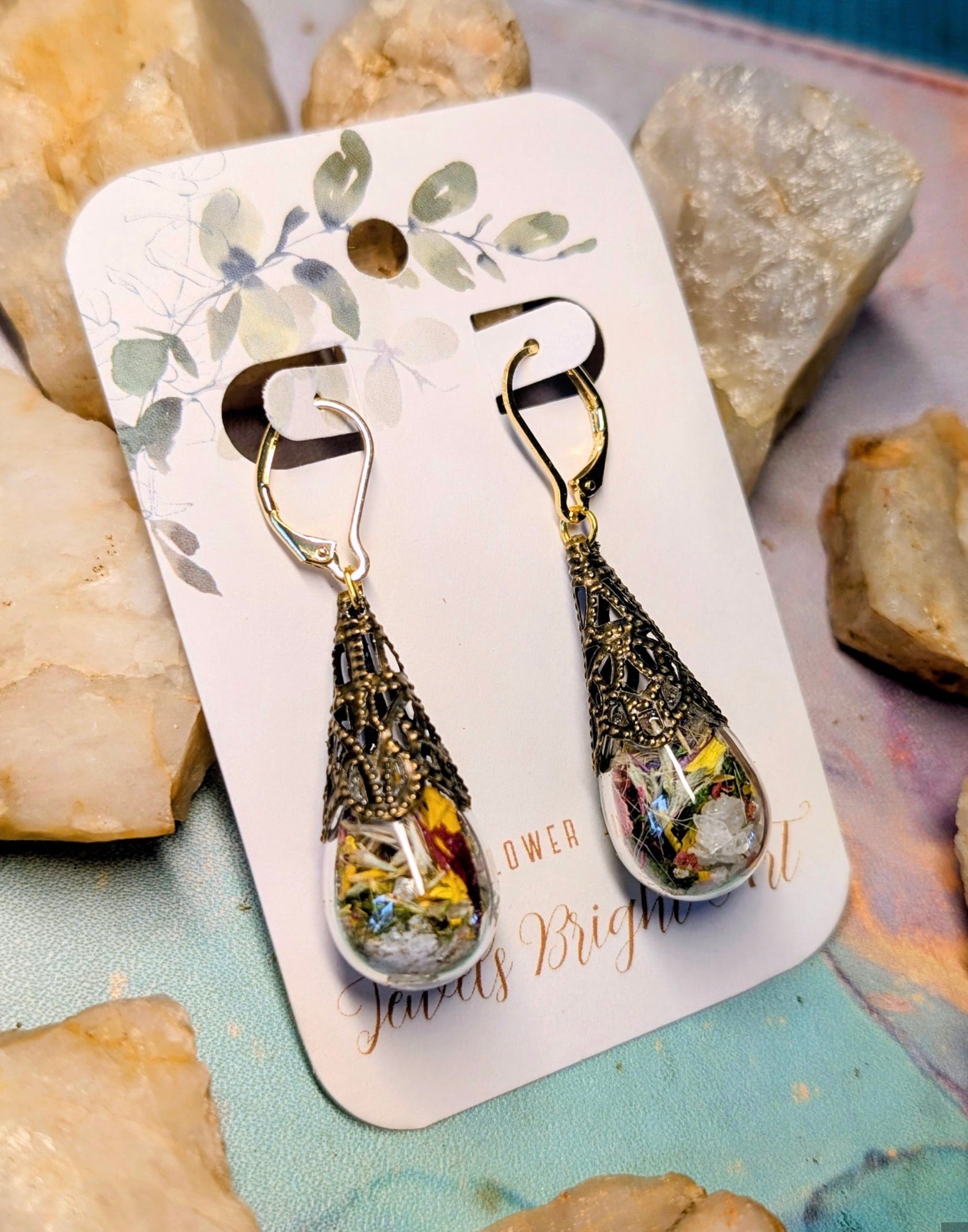 Mushroom Unique Handcrafted Floral Earrings with Wildflowers and Quartz (Copy)