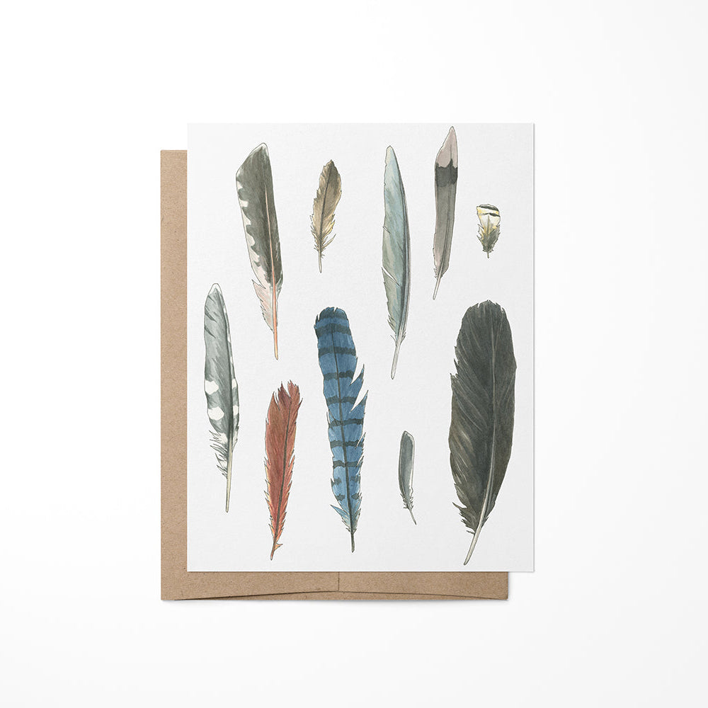 Greeting card featuring an illustration of feathers