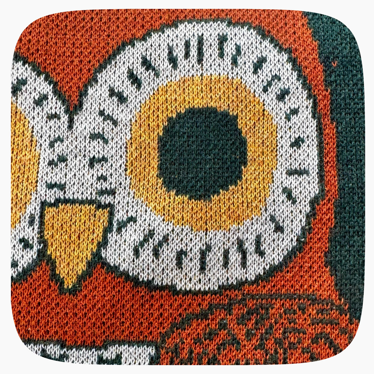 Detail of an owl knit design on a graphic knit sweater.