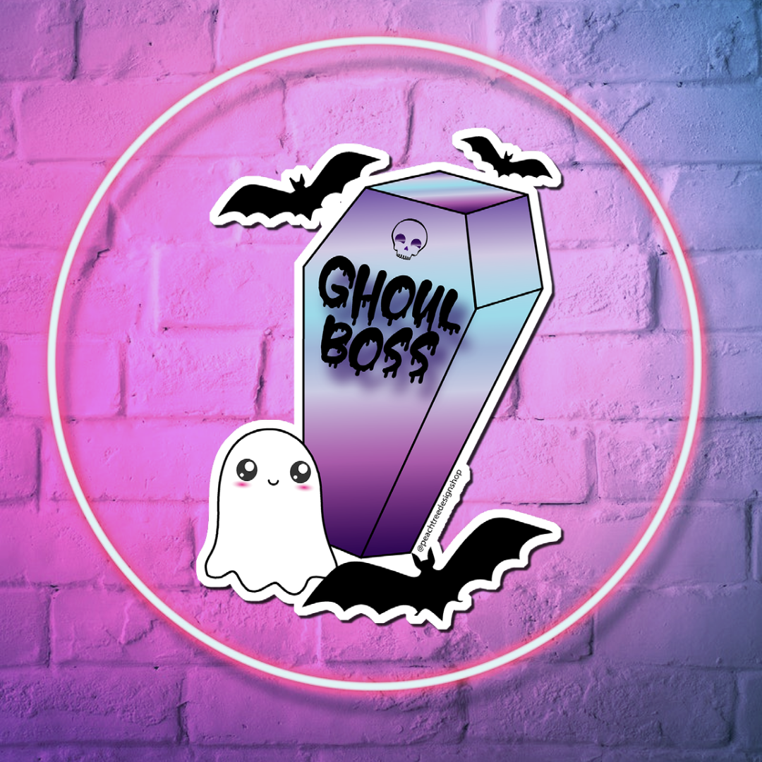 This die cut waterproof sticker features a purple gradient coffin with the words "ghoul boss" on it. It&