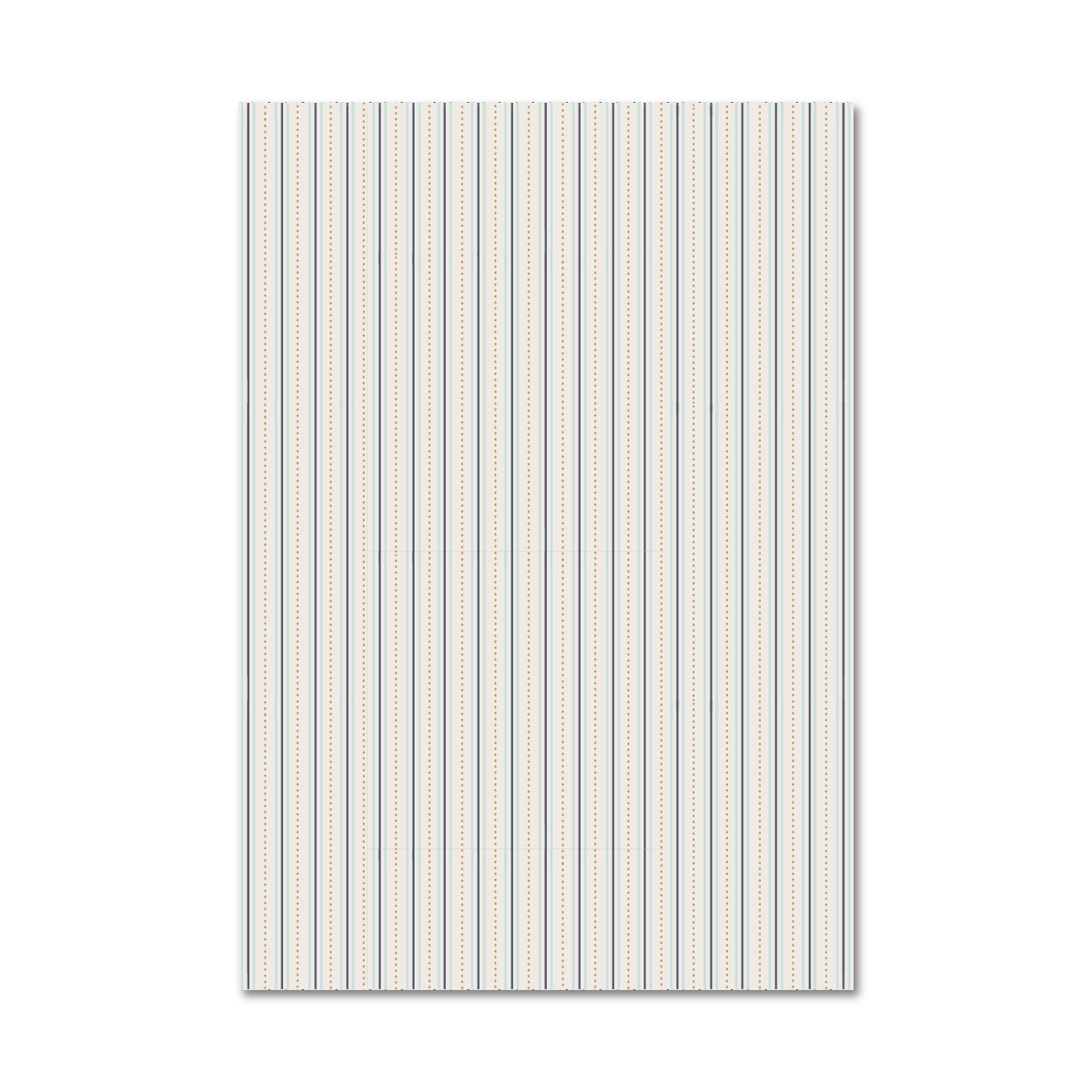 Patterned gift wrap sheet with a navy, light blue and tan ticking stripe running vertically