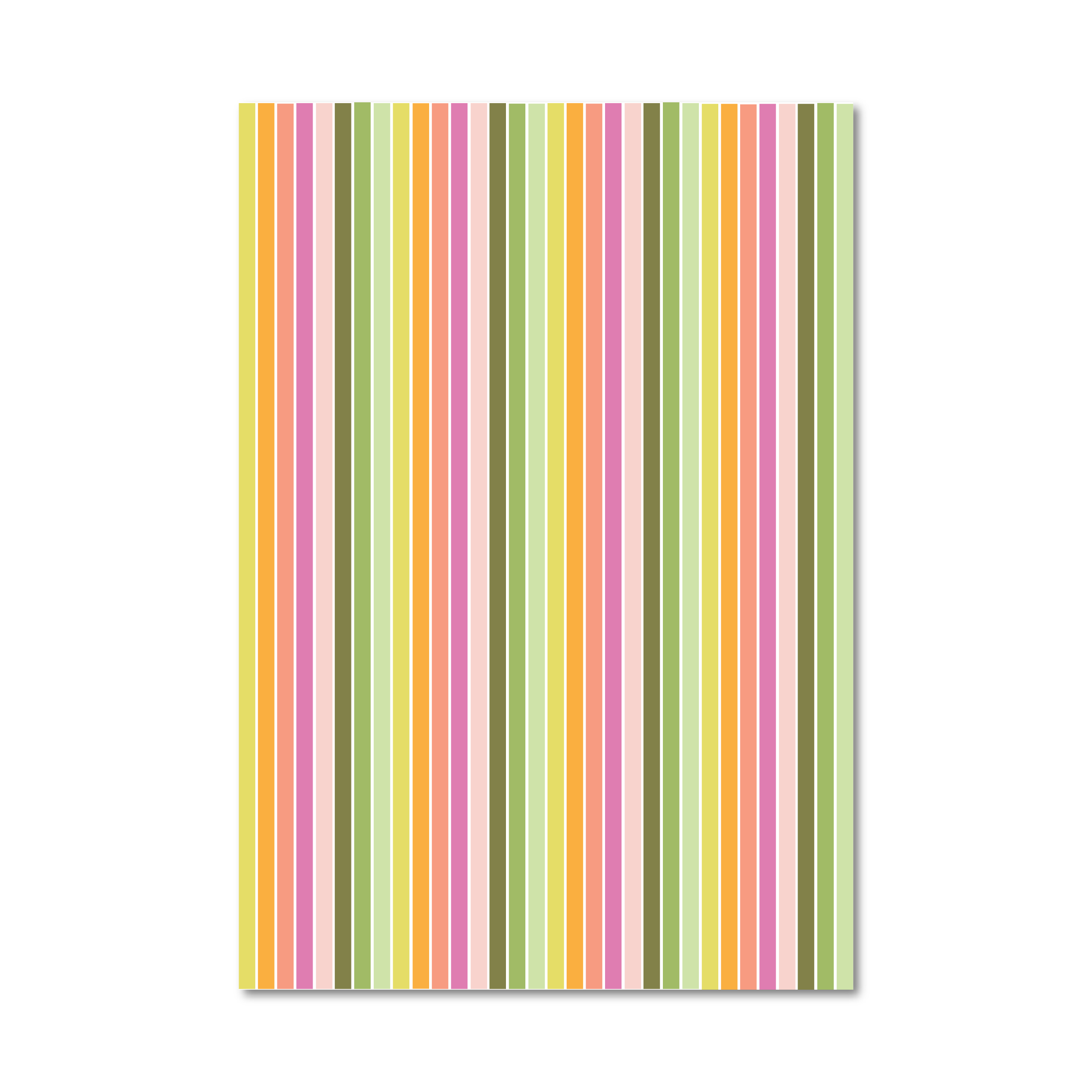 Gift wrap sheet with narrow vertical stripes in pastel yellow, pink, peach, orange, olive green, sage green, and cream, shown on a plain white background.