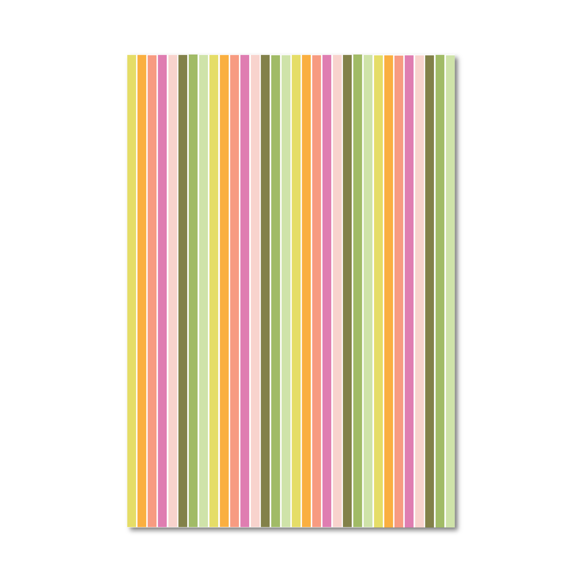 Gift wrap sheet with narrow vertical stripes in pastel yellow, pink, peach, orange, olive green, sage green, and cream, shown on a plain white background.