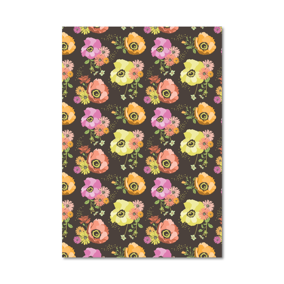 Gift wrap sheet featuring a repeating pattern of colorful flowers, including pink, yellow, orange, and purple blossoms with green leaves, set against a dark brown background.