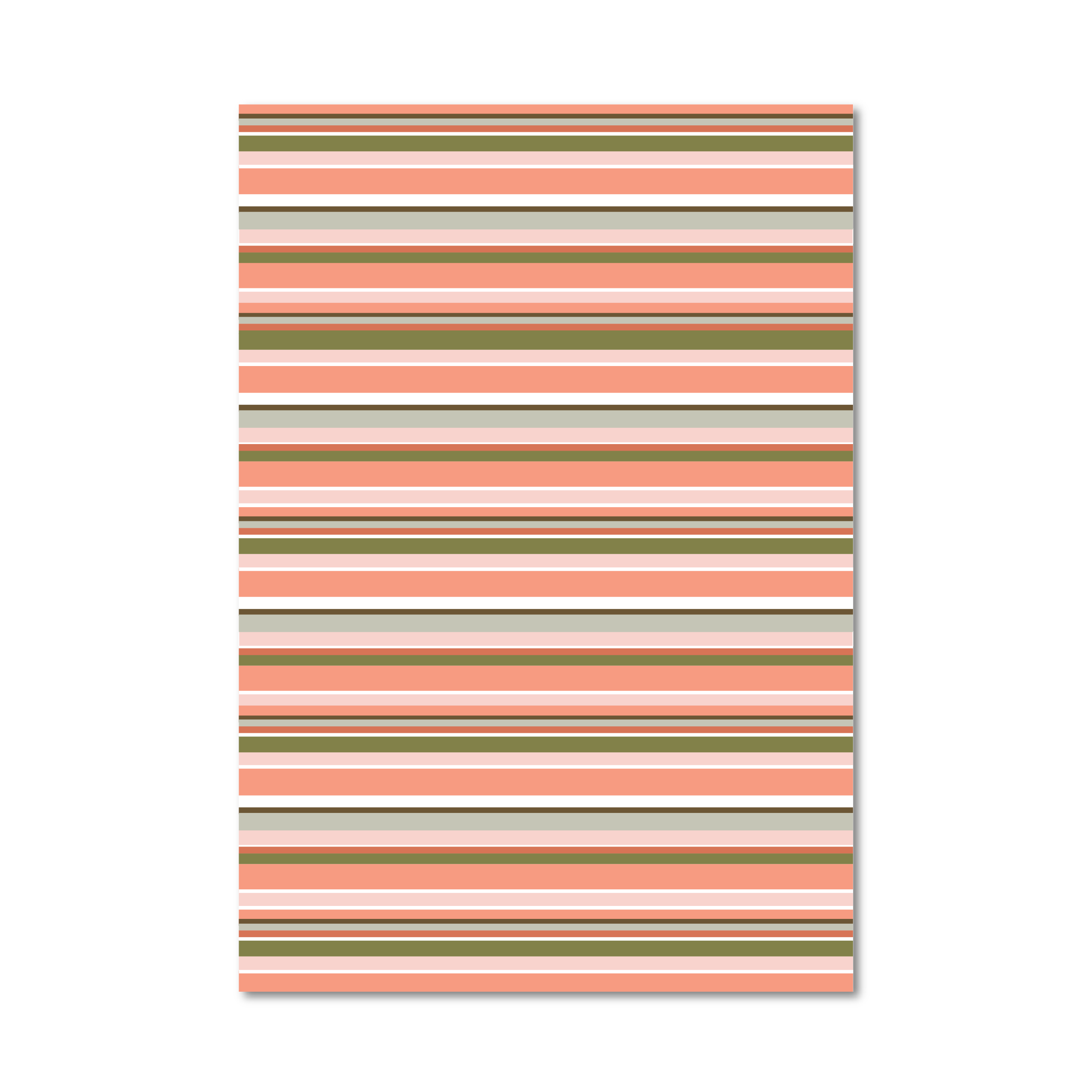 Gift wrap sheet featuring horizontal stripes in terracotta, peach, cream, beige, and brown on a white background.