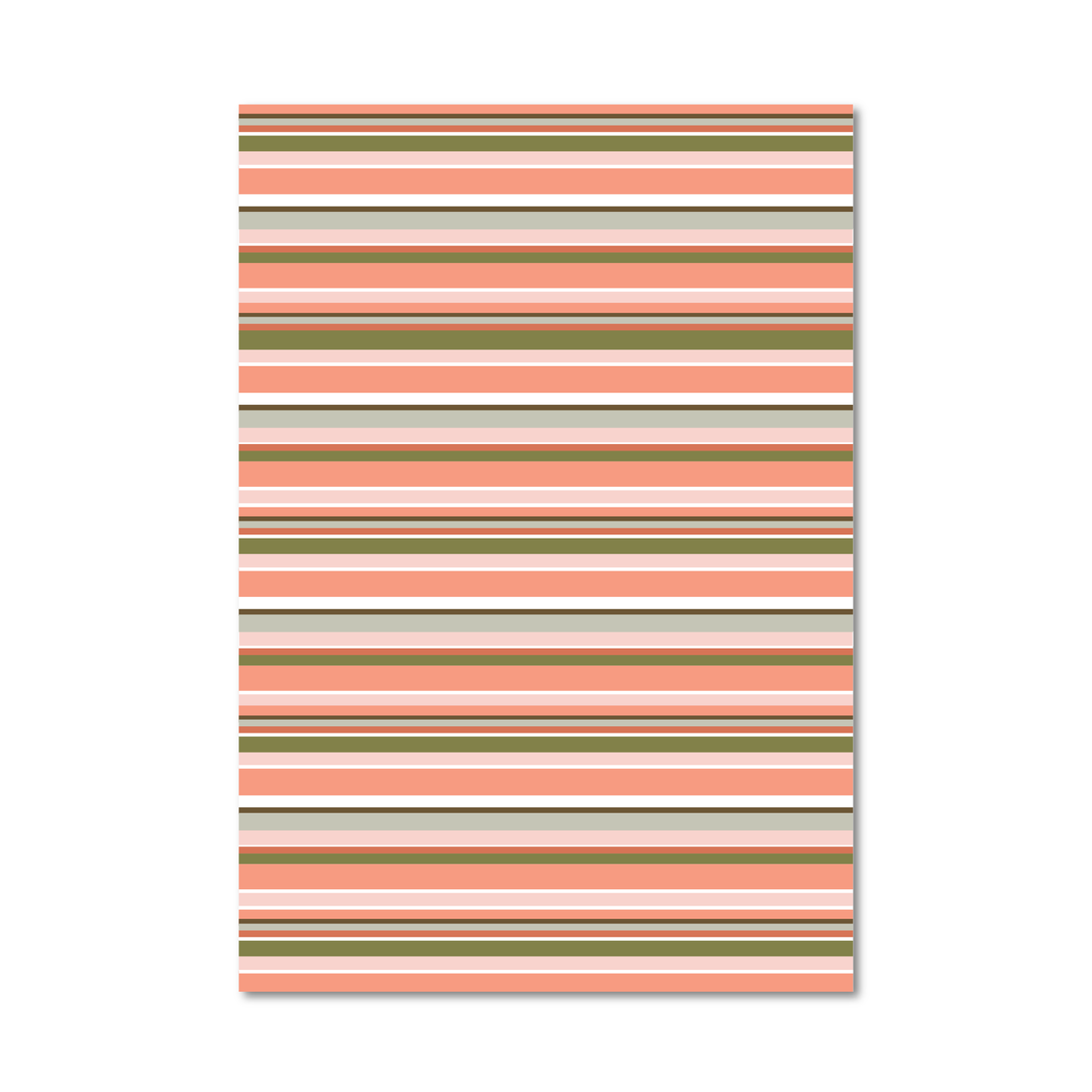 Gift wrap sheet featuring horizontal stripes in terracotta, peach, cream, beige, and brown on a white background.