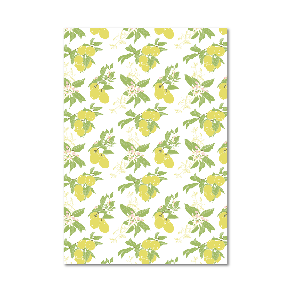 Gift wrap sheet featuring a repeating pattern of yellow lemons, green leaves, and small pale flowers on a white background, shown against a light gray studio backdrop.