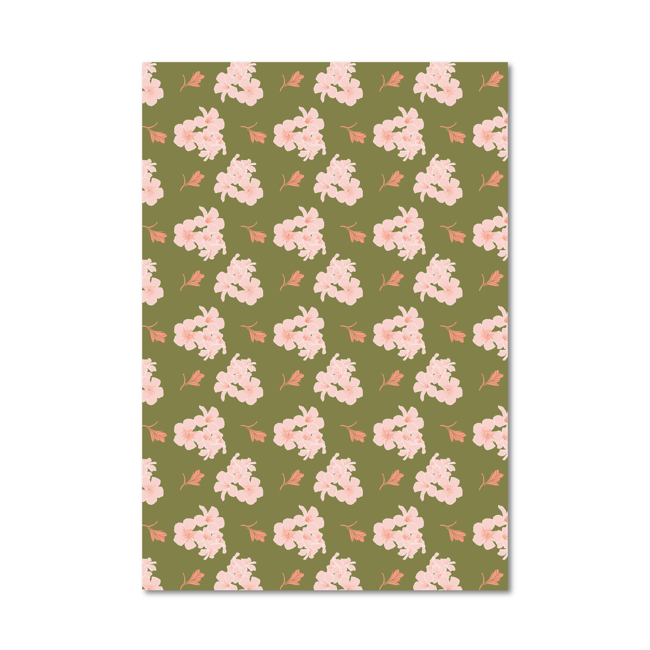 Wrapping paper sheet featuring a repeating pattern of light pink cherry blossoms on an olive green background, shown against a plain white backdrop.