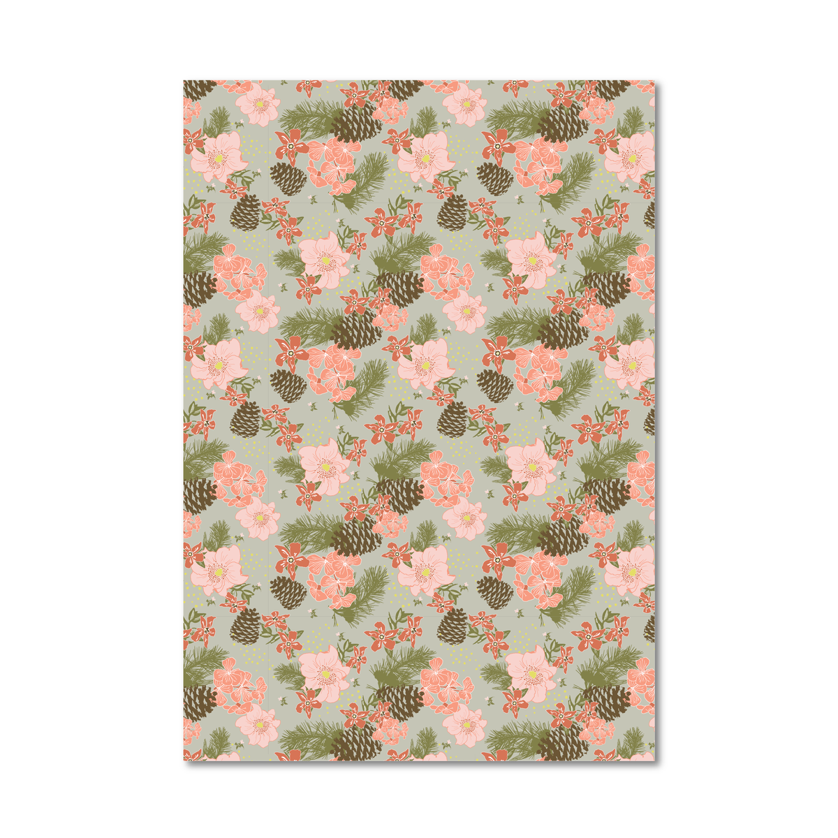 Gift wrap sheet with a repeating floral and pinecone pattern on a pale sage green background, shown against a plain white studio backdrop.