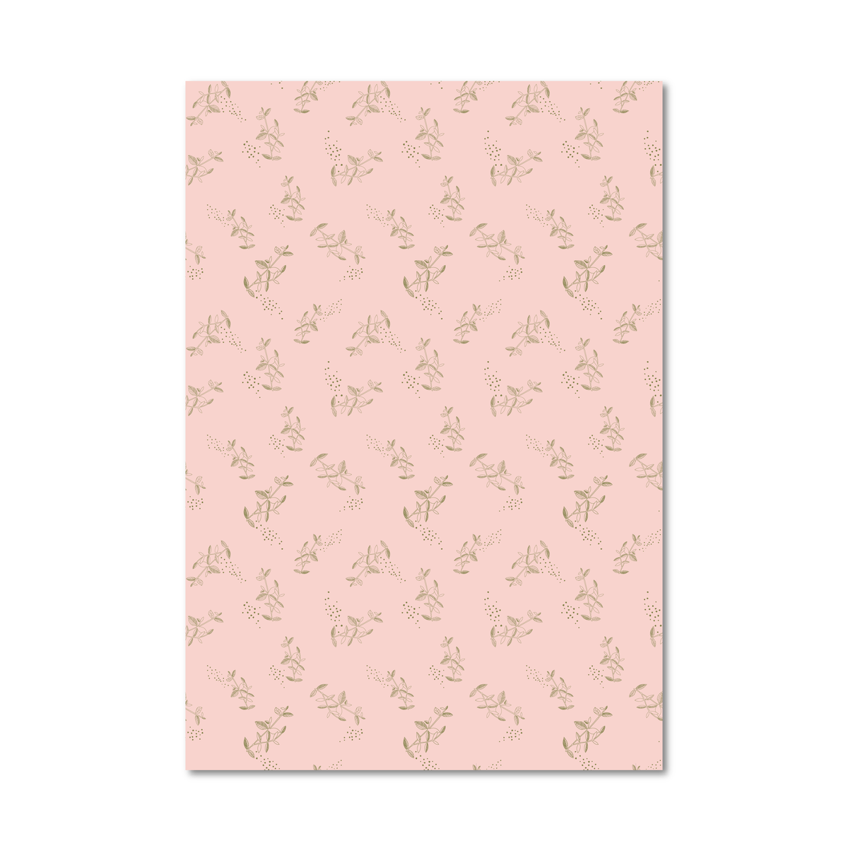 Gift wrap sheet with a light pink background and a repeating pattern of small green branch and dot illustrations, shown against a white background.