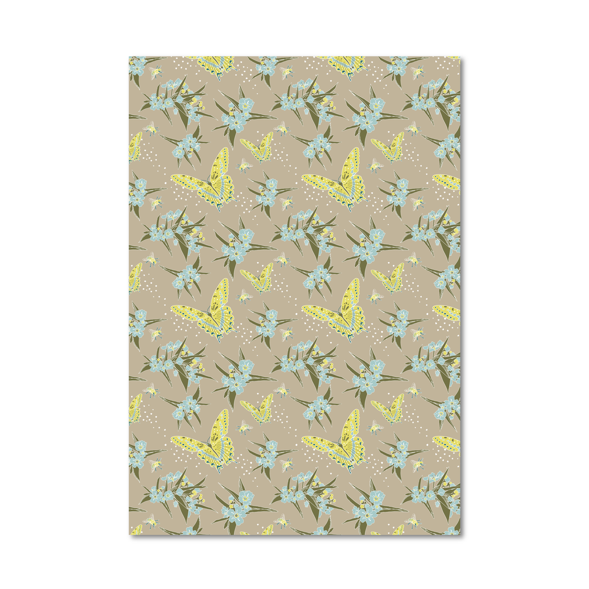 Gift wrap sheet featuring a repeating pattern of light blue flowers, green leaves, and yellow butterflies on a warm beige background, shown against a plain white backdrop.