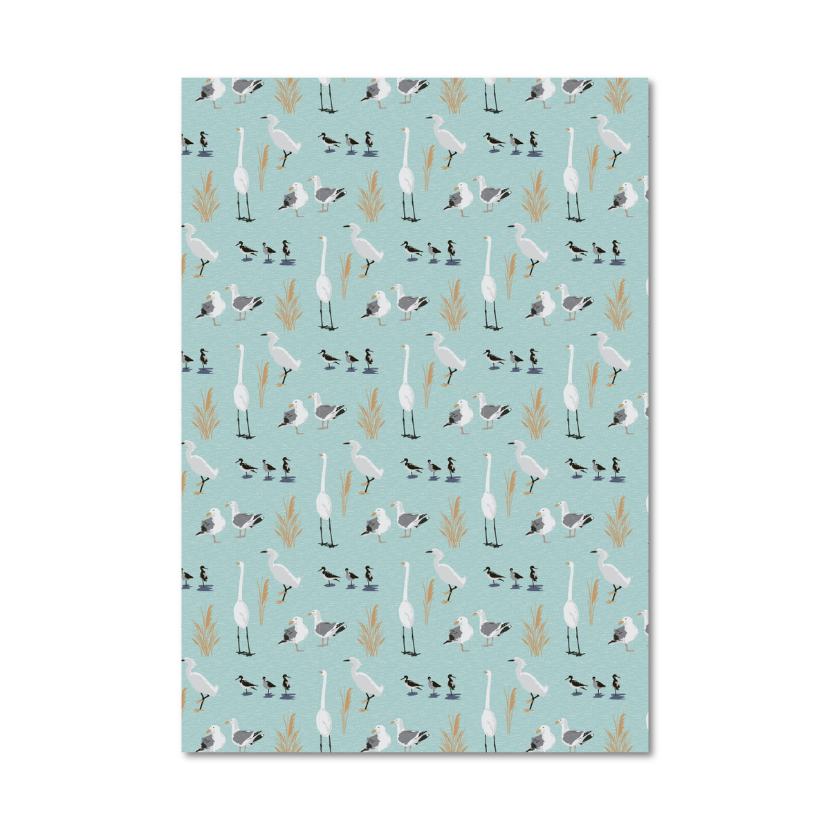 Patterned gift wrap sheet with a light blue background and a tossed print of illustrated sea birds like egrets and sea gulls