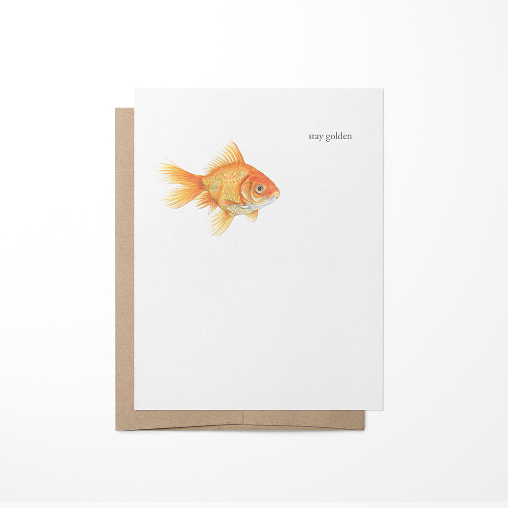 Greeting card with a goldfish illustration on a white background