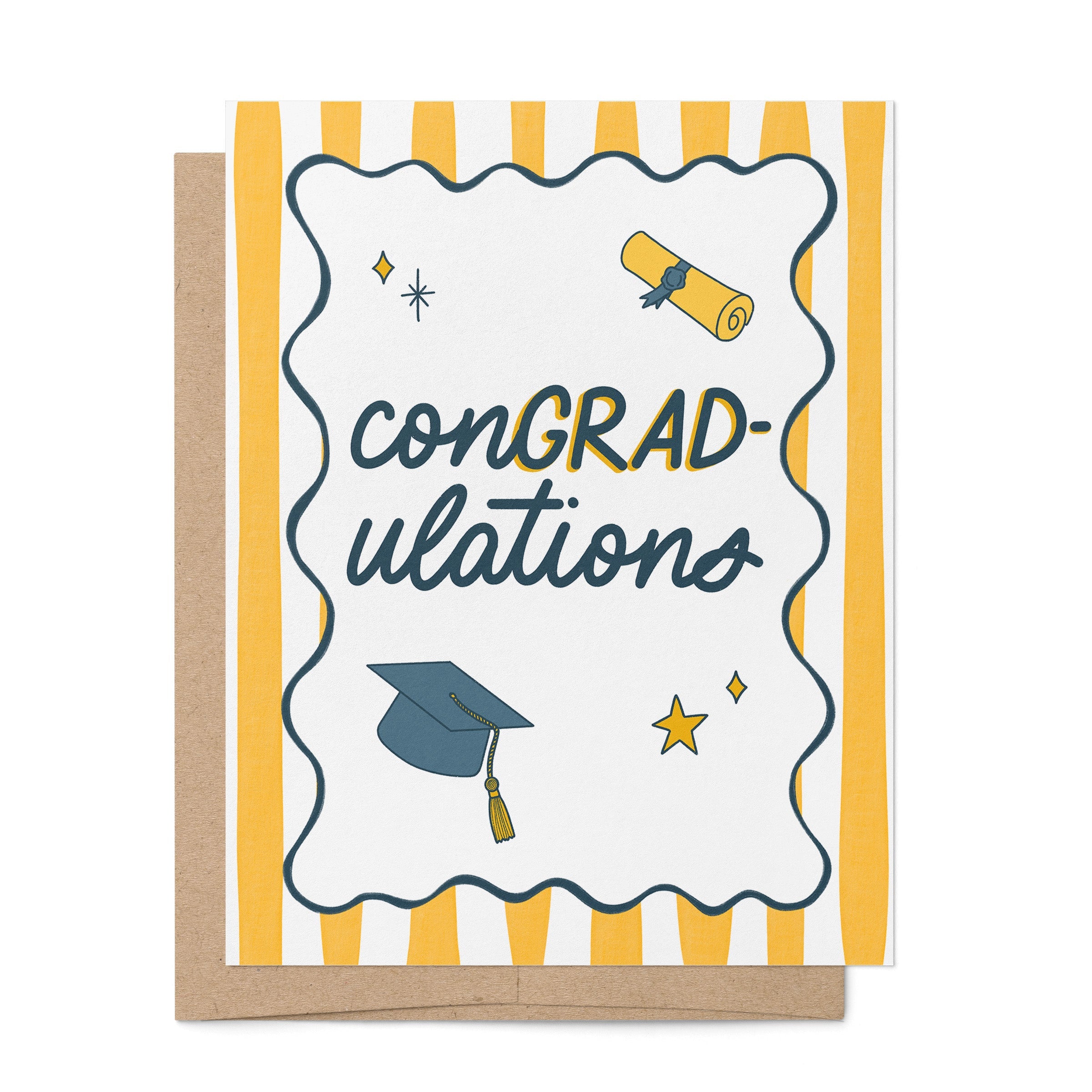 ConGRADulations illustrated graduation card by MangoIllustrated — retro stripes cap and diploma