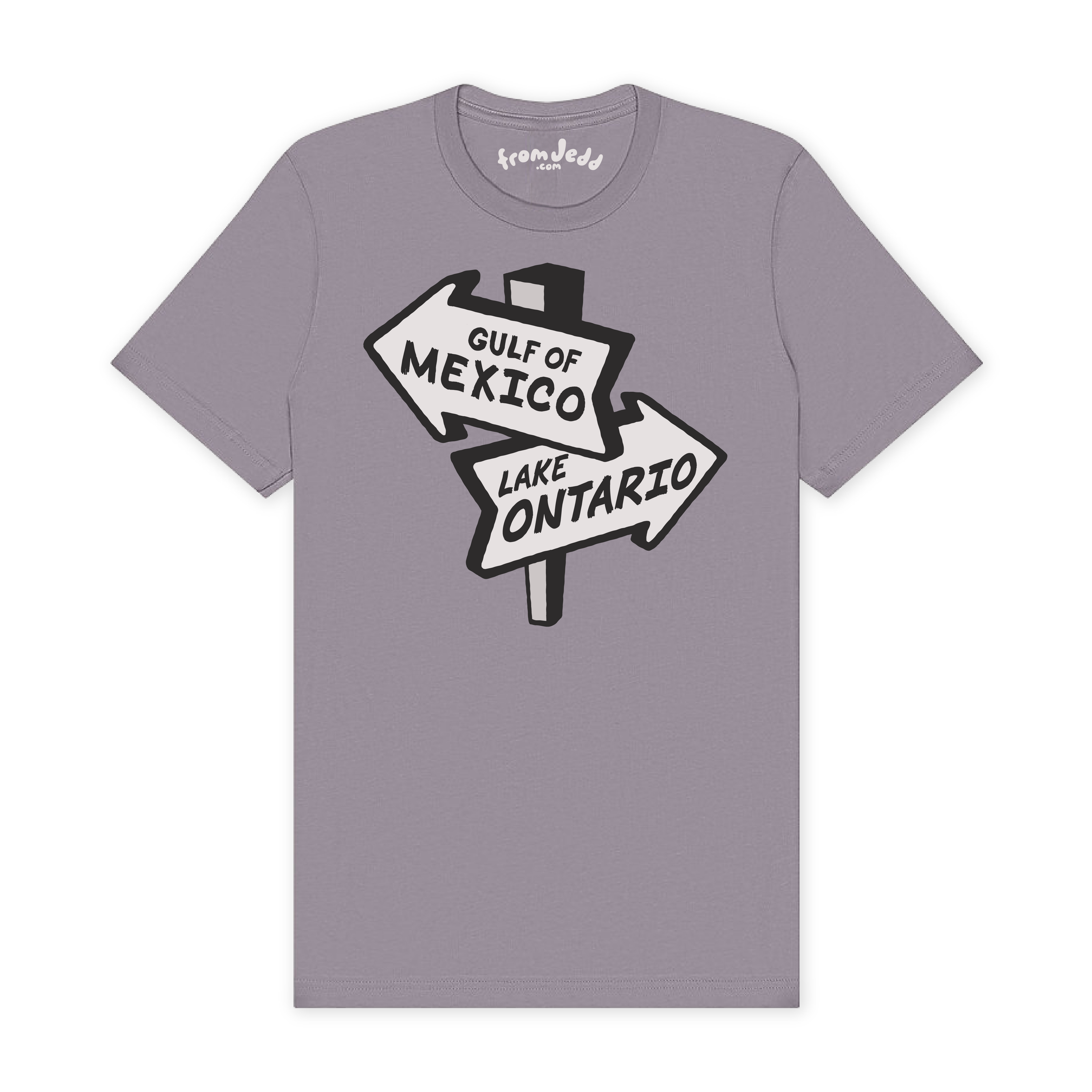 A light purple-gray crewneck t-shirt featuring a graphic of a road sign pointing to &