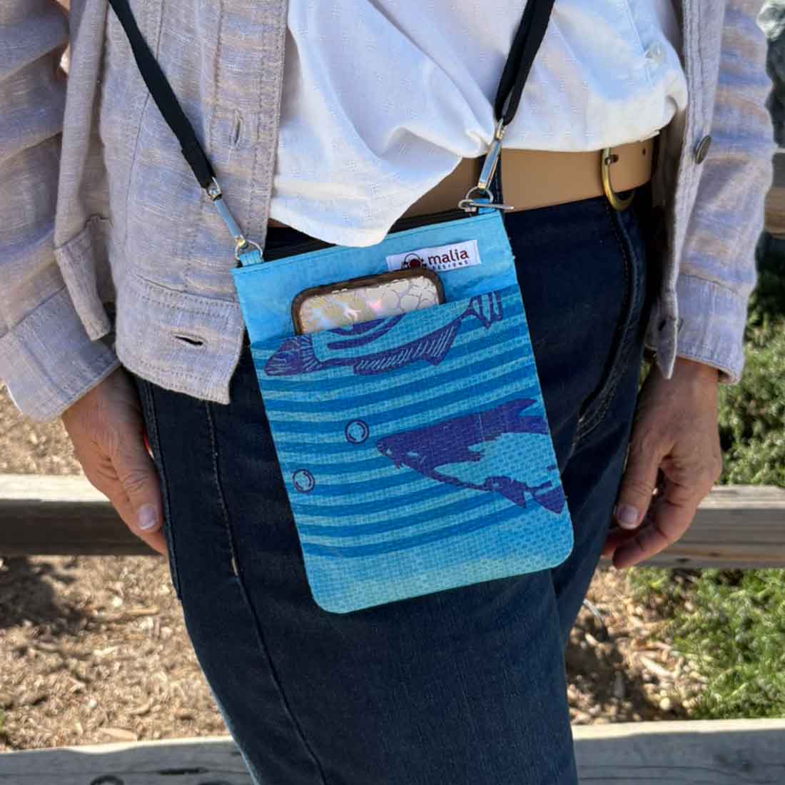 small crossbody bag with blue fish from recycled plastic