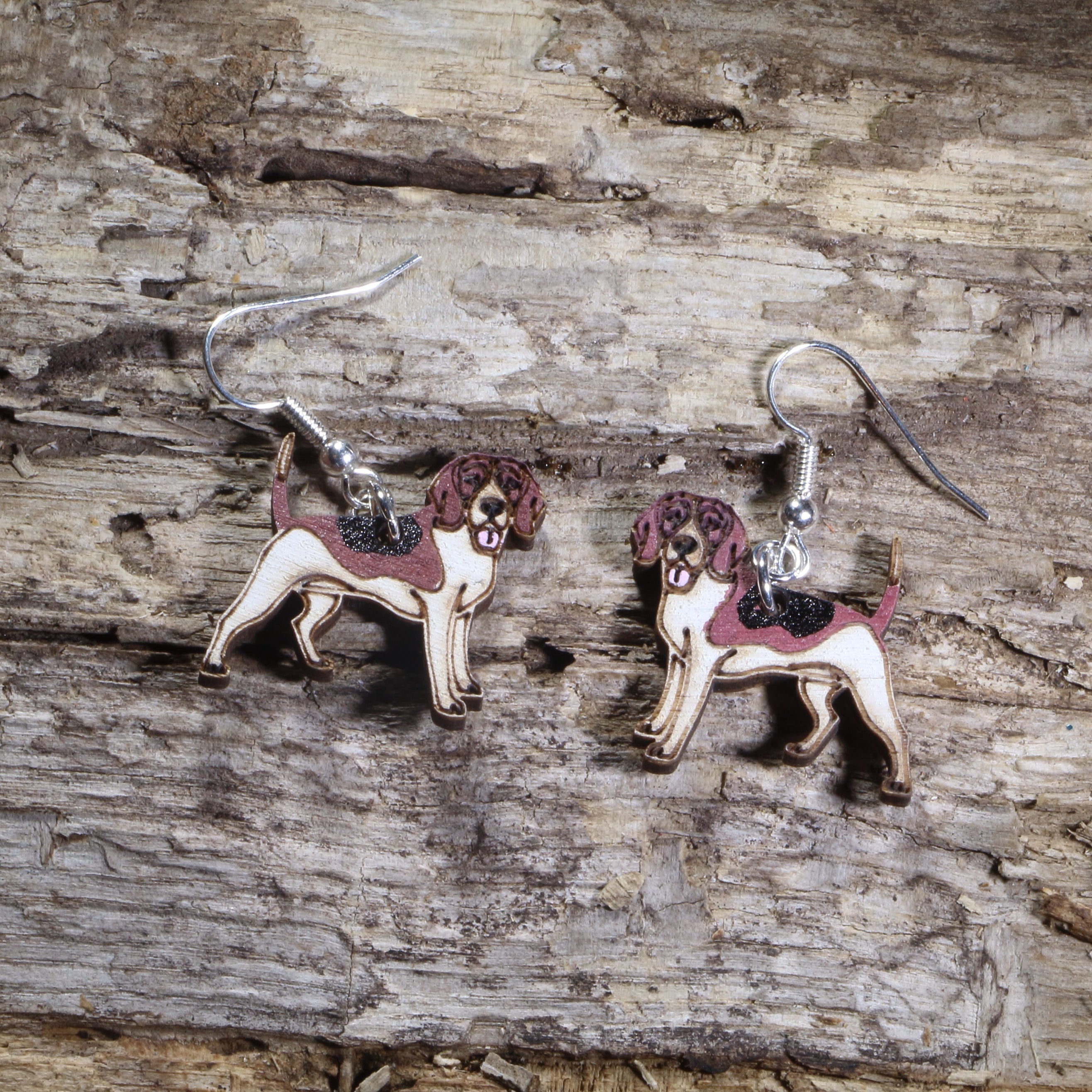 Hand-painted wooden Beagle dog dangle earrings featuring a tri-color Beagle with brown, black, and white markings on hypoallergenic .925 sterling silver hooks. Lightweight dog lover jewelry perfect for Beagle owners, hound enthusiasts, pet lovers, and unique handmade gifts.