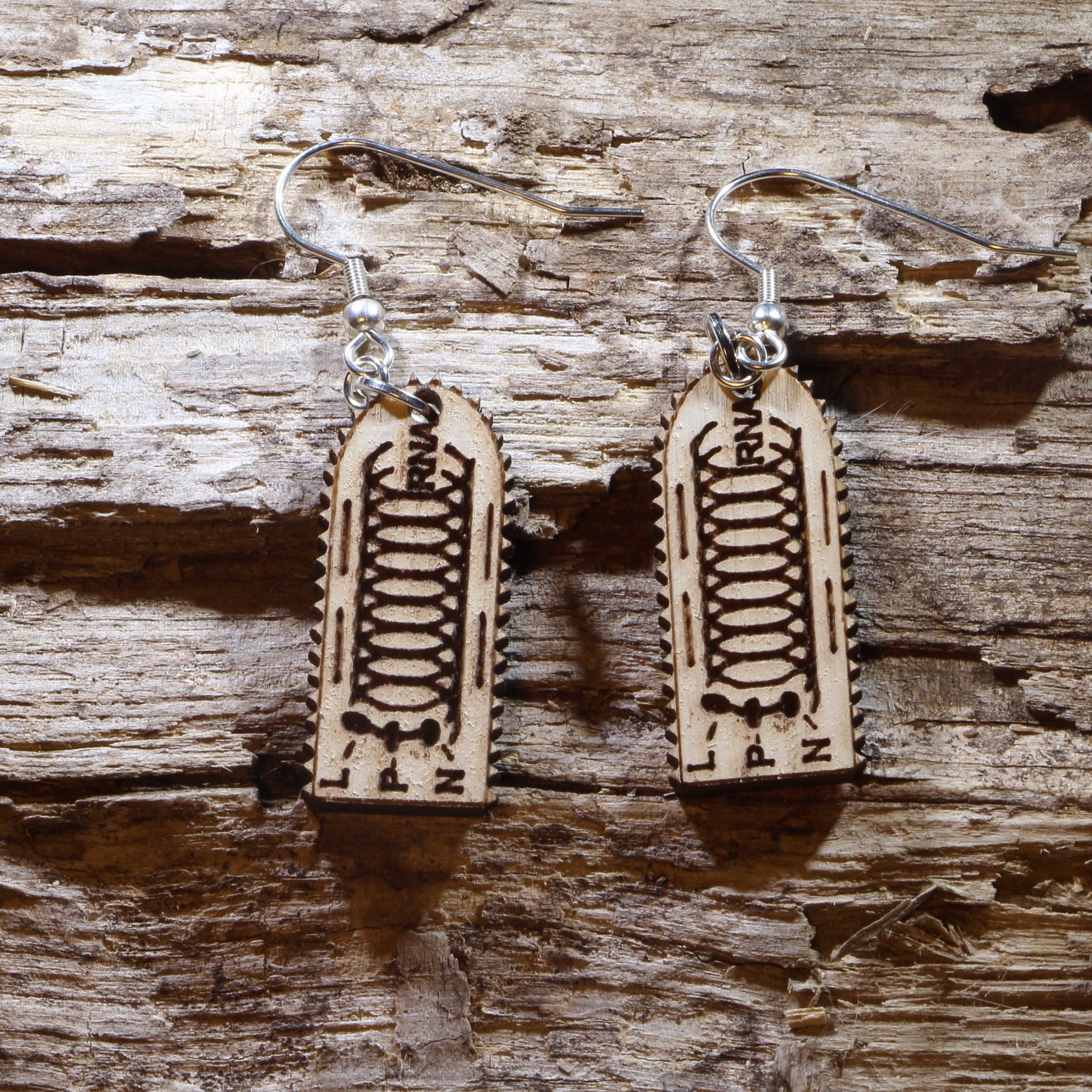 Handcrafted wooden rabies vaccine dangle earrings inspired by a vintage rabies vaccine vial or medical ampoule illustration. These lightweight, laser-cut wooden earrings feature engraved scientific details and are finished with hypoallergenic .925 sterling silver hooks. A unique accessory for veterinarians, medical professionals, microbiologists, laboratory workers, public health advocates, and anyone with an appreciation for unusual science-themed jewelry.
