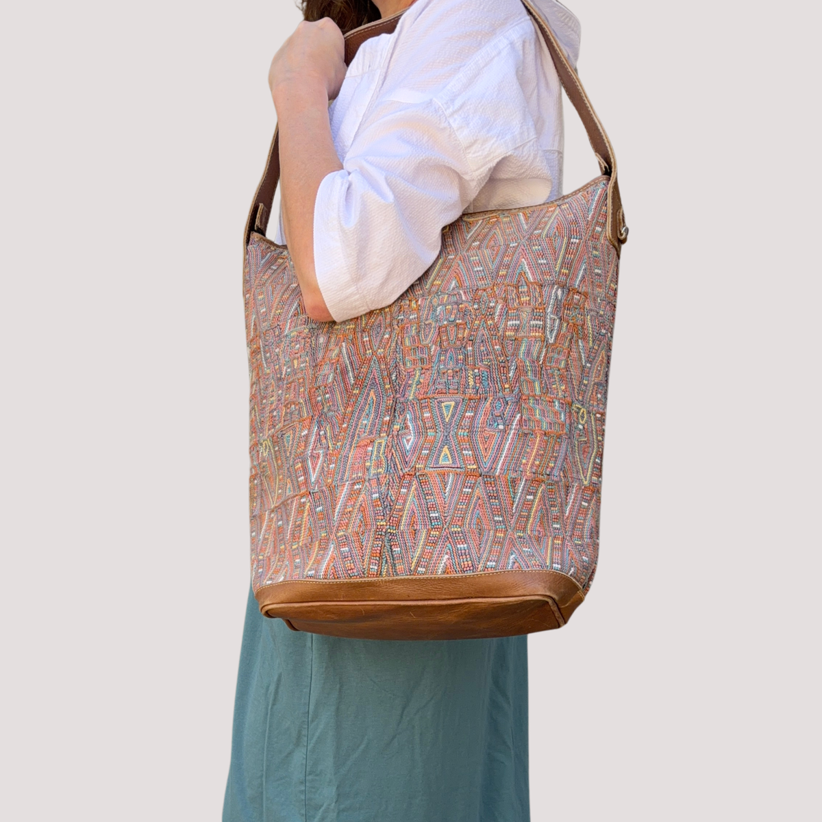 Huipil Bucket Bag - Handcrafted Vintage Mayan Textile & Leather Tote
