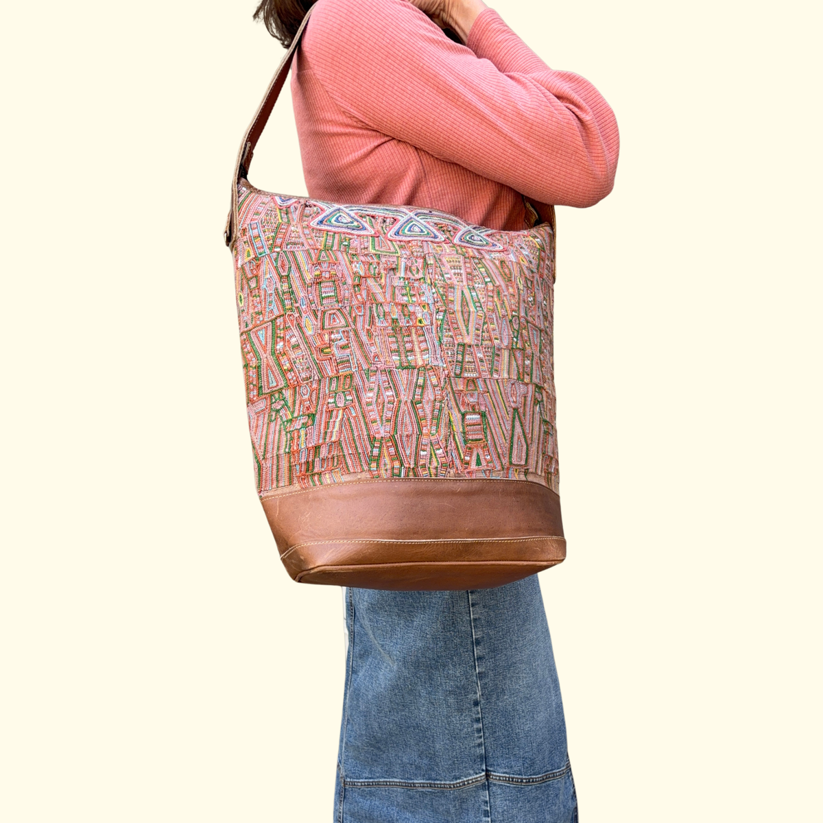 Huipil Bucket Bag - Handcrafted Vintage Mayan Textile & Leather Tote