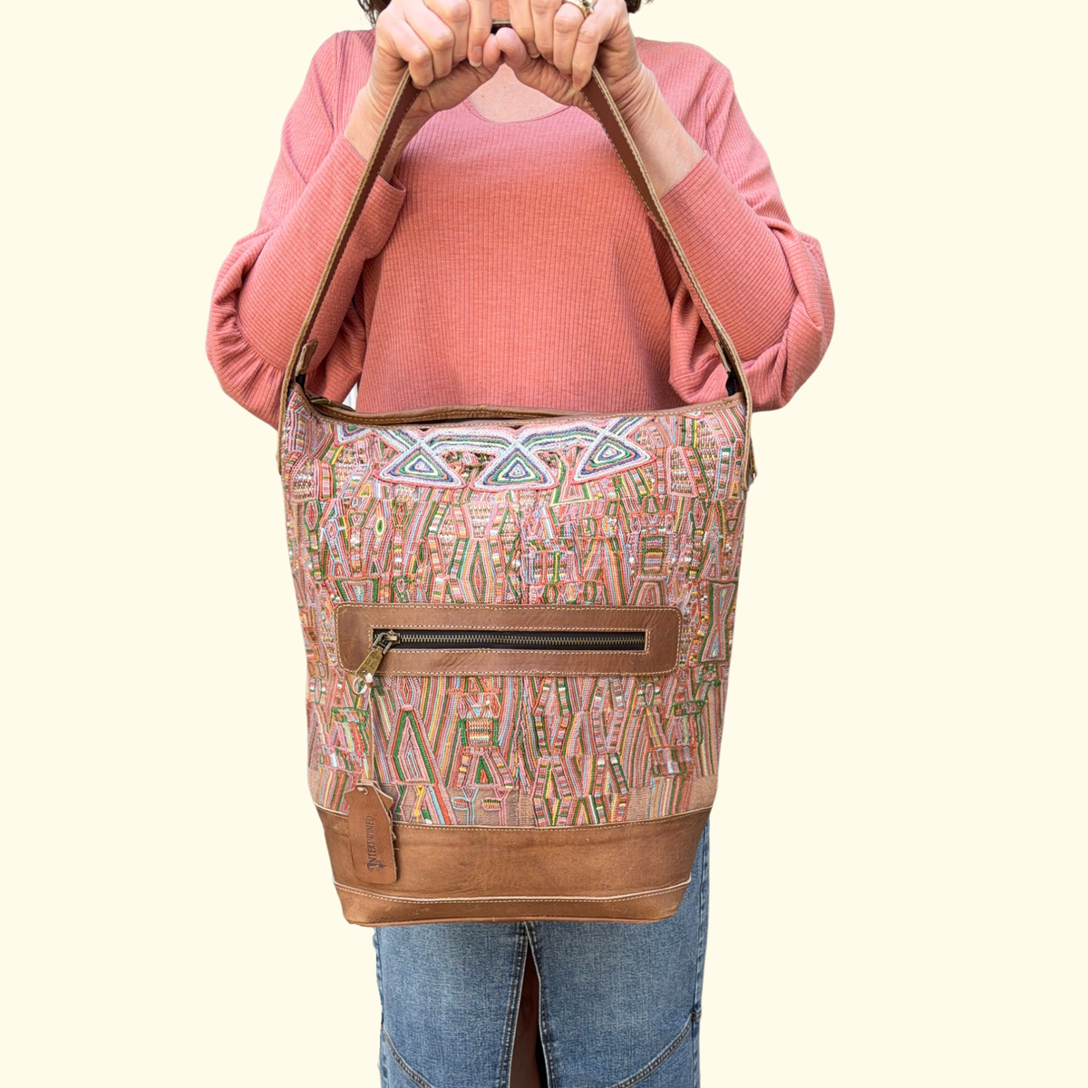 Huipil Bucket Bag - Handcrafted Vintage Mayan Textile & Leather Tote