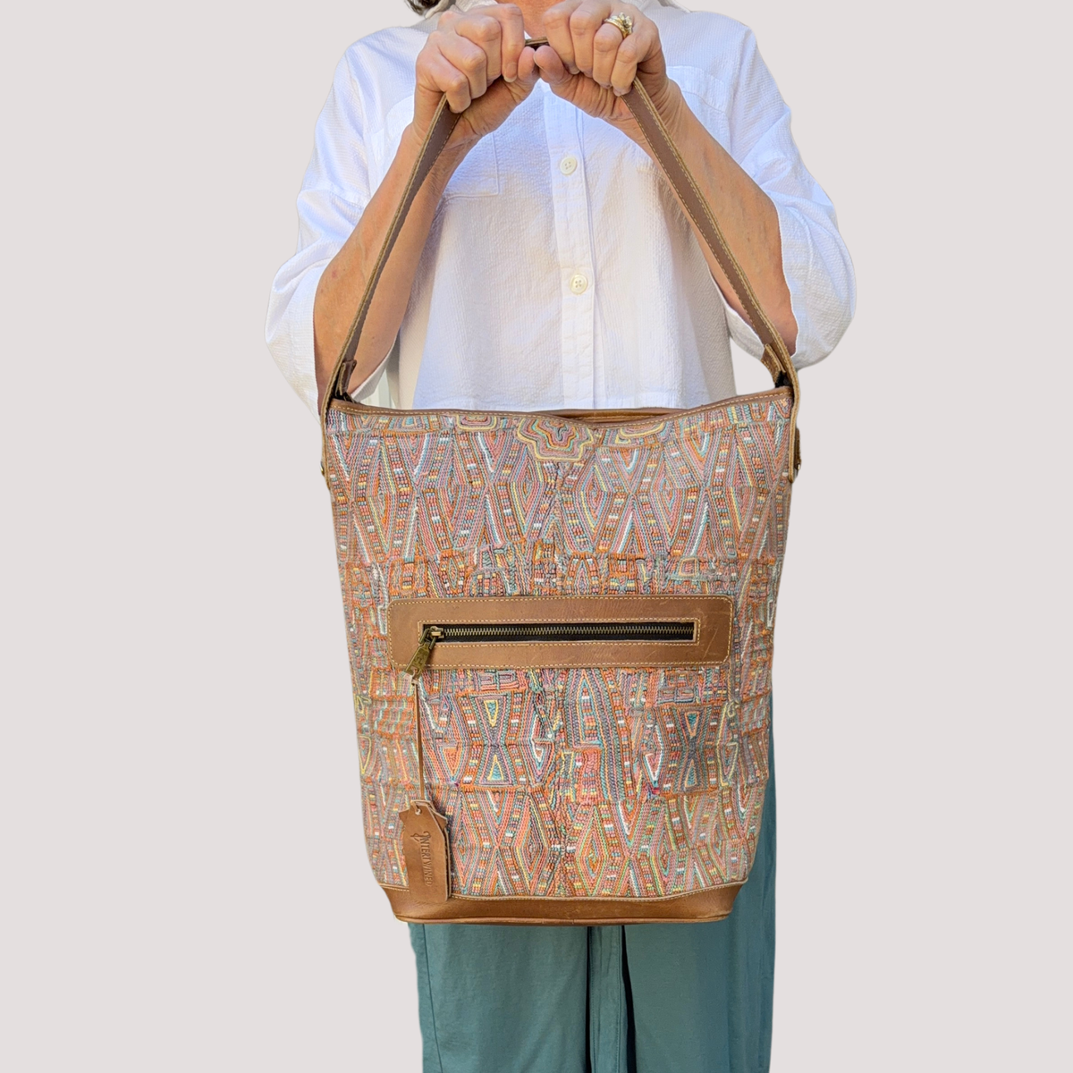 Huipil Bucket Bag - Handcrafted Vintage Mayan Textile & Leather Tote