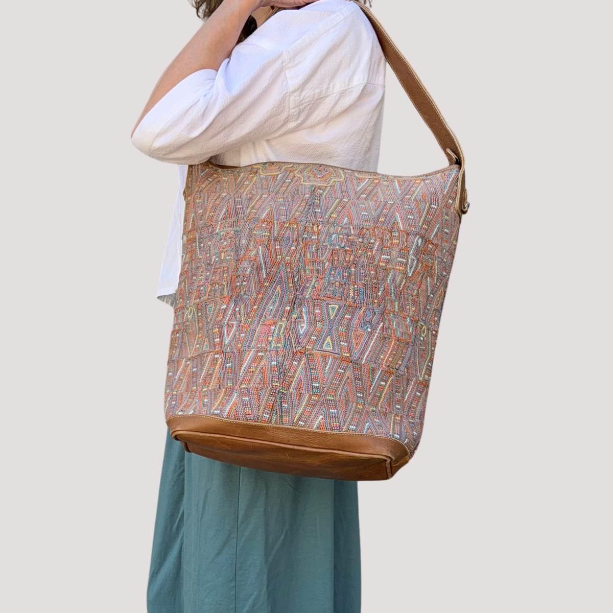 Huipil Bucket Bag - Handcrafted Vintage Mayan Textile & Leather Tote