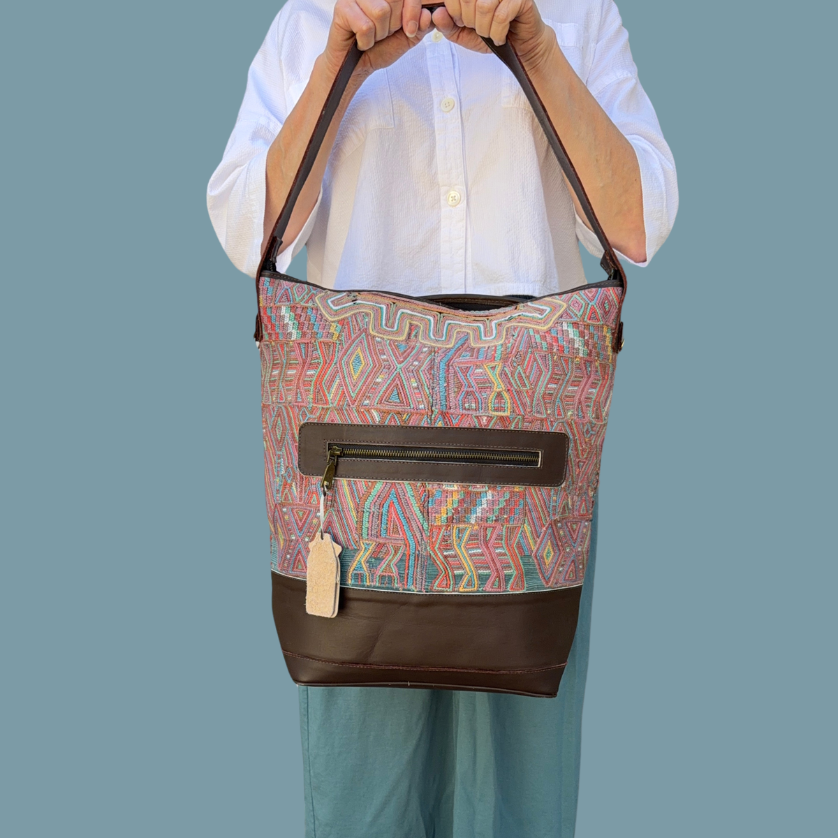 Huipil Bucket Bag - Handcrafted Vintage Mayan Textile & Leather Tote
