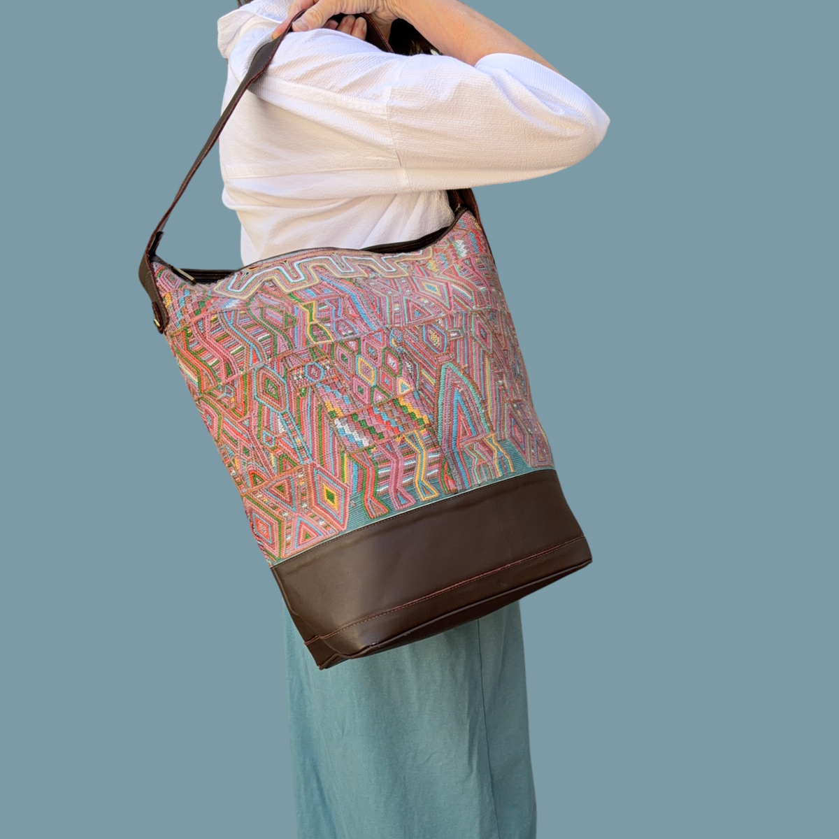 Huipil Bucket Bag - Handcrafted Vintage Mayan Textile & Leather Tote