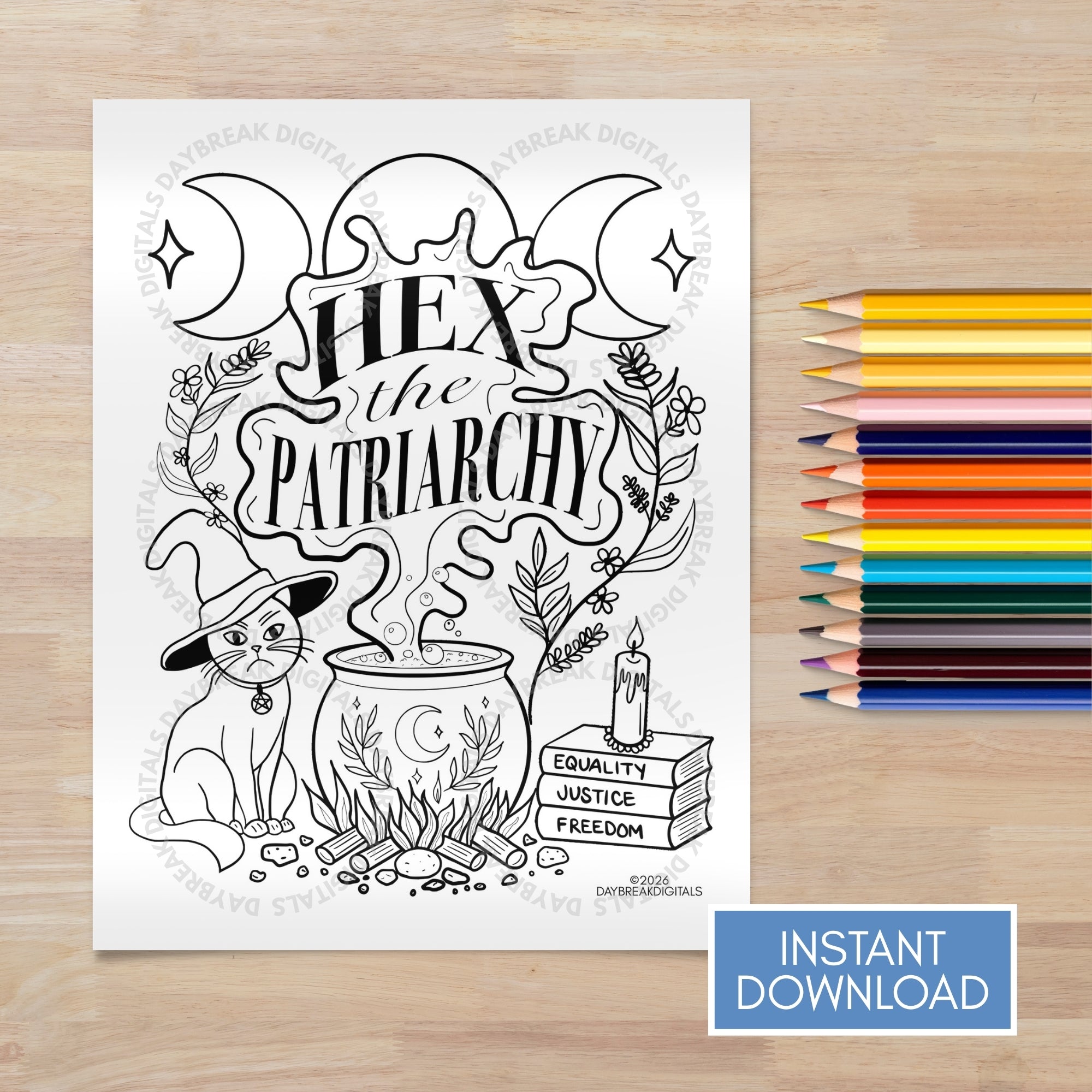 Hex the Patriarchy Witchy Feminist Coloring Page | Instant Download PDF